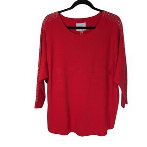 NEW LIV Milano Crimson Red Rhinestone Studded Stars Round Neck Sweater Knit Top